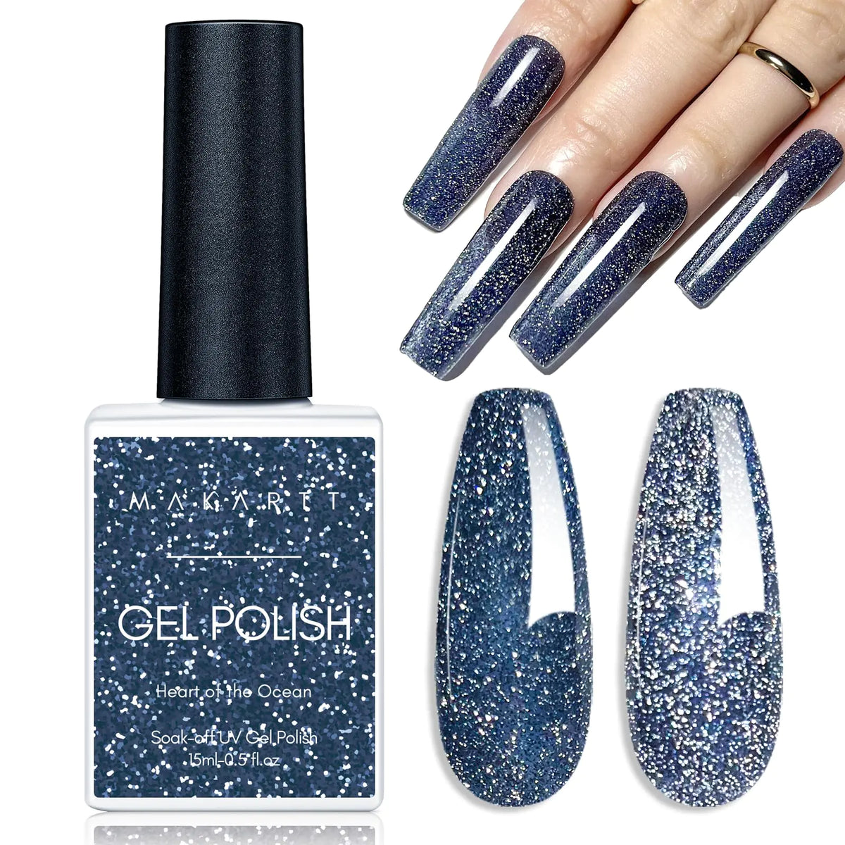 Makartt Reflective Gel Nail Polish HEART OF THE OCEAN Glitter Sparkling Disco Soak Off Diamond Gel Nail Art Christmas Gift DIY Manicure Salon at Home Glamour Shine Blue 15ML Rieworkes