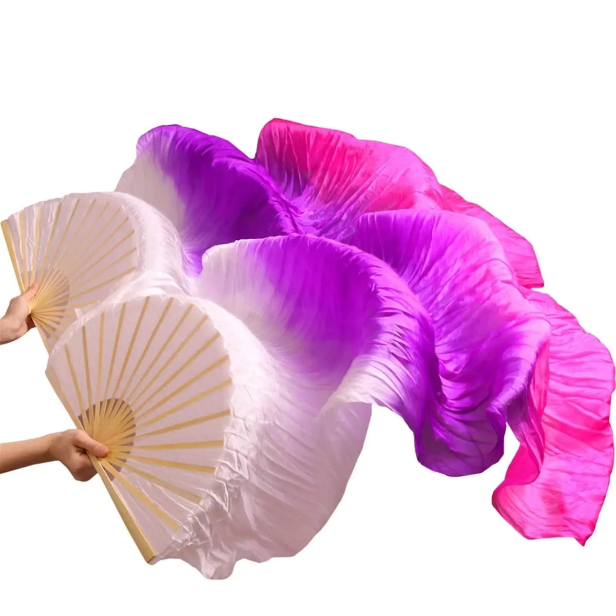 LZCSXON 1 Pair(Left+Right) Belly Dance Fan Artificial Silk Bamboo FansColorful Dancing Fabric FansLong Folding Belly Dance Fans for DancingLength 180cm Width 90cm. (White Gradient Pink) Mimarta