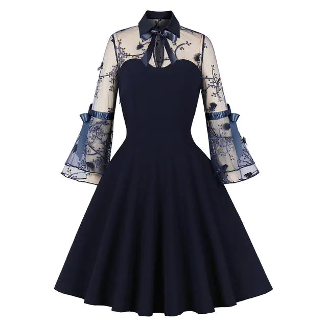 Elegant 1950s Embroidered Mesh Retro Party Dress Mimarta