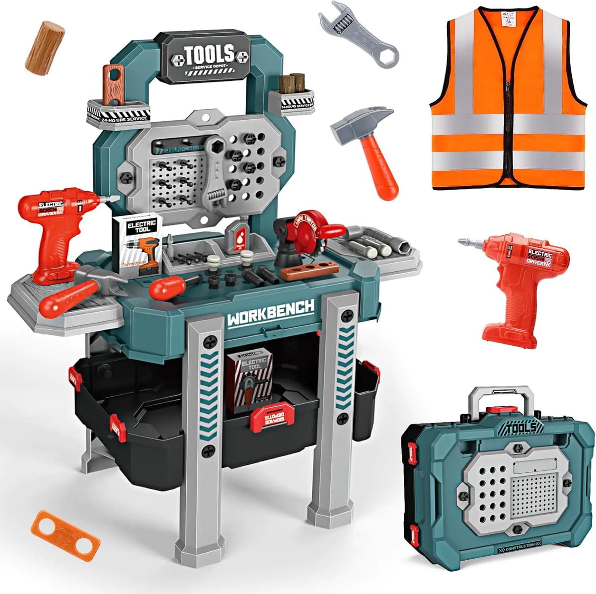 Jovow Kids Tool Bench with Realistic Tools and Electric Drill Suitable for 3-5 Year Olds to Build Their Own Toy Workbench 79 Pcs Realistic Toy Tools with Clothes 32 x 26.6 x 14.4 in-Green Mimarta