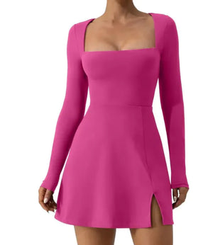 Women's Square Collar Corset Long Sleeve Slit Flared Rieworkes