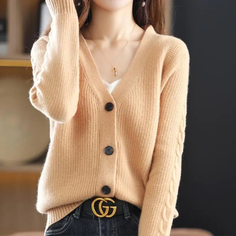 Korean Commute Solid Color V-Neck Cardigan Sweaters for Women Rieworkes