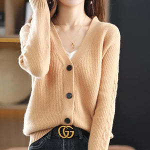 Korean Commute Solid Color V-Neck Cardigan Sweaters for Women Rieworkes