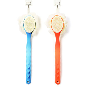 Shower Body Brush with Bristles and Loofah,Back Scrubber Bath Mesh Sponge with Curved Long Handle for Skin Exfoliating Bath, Massage Bristles Suitable for Wet or Dry, Men and Women (Blue) Rieworkes