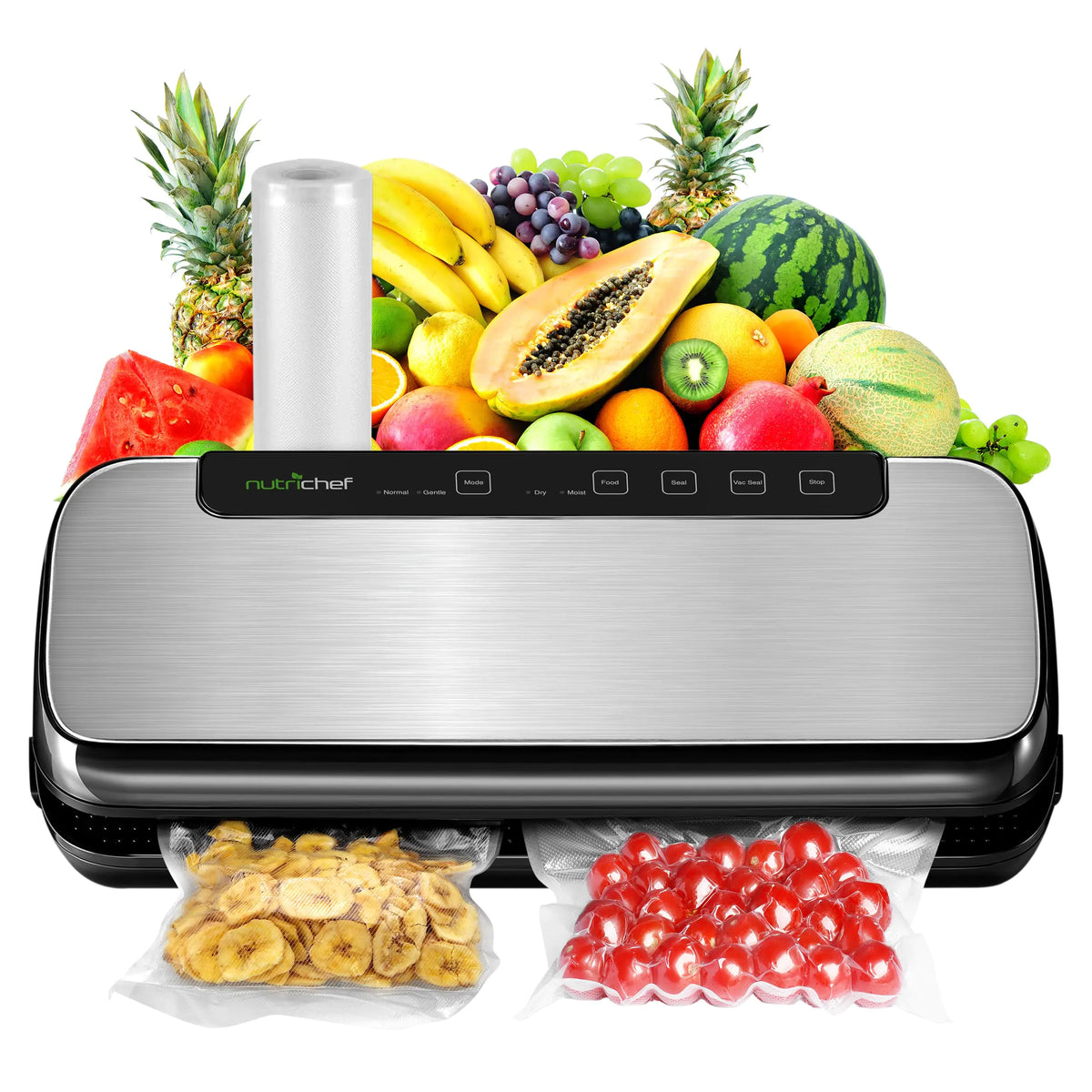 NutriChef Food Vacuum Sealer Machine Stainless Steel Automatic Air Sealing System for Dry/Moist Foods LED Touch Controls Includes Vacuum Hose Bag Roll and Wine Stopper 110W Suction Power 14"x6" Mimarta