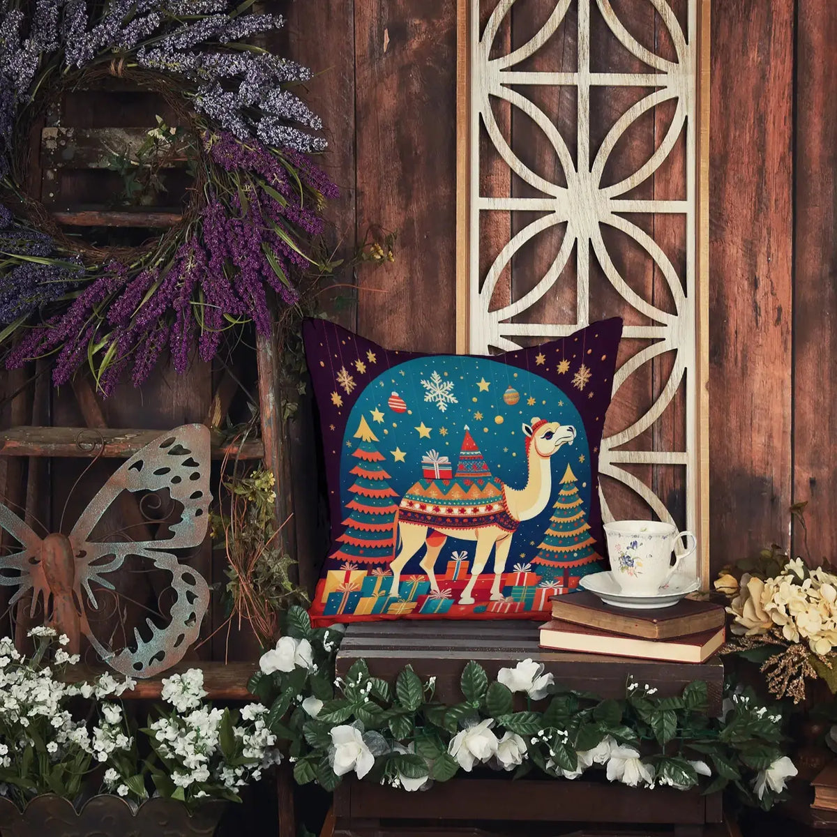 Camel Christmas Throw Pillow Rieworkes