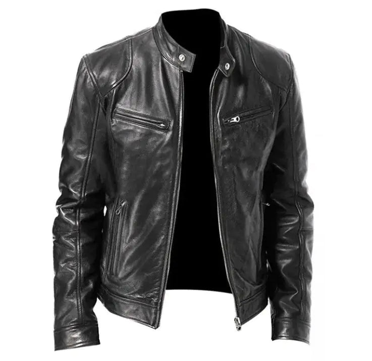 Men's Zip Cardigan PU Leather Jacket With Stand Collar Rieworkes