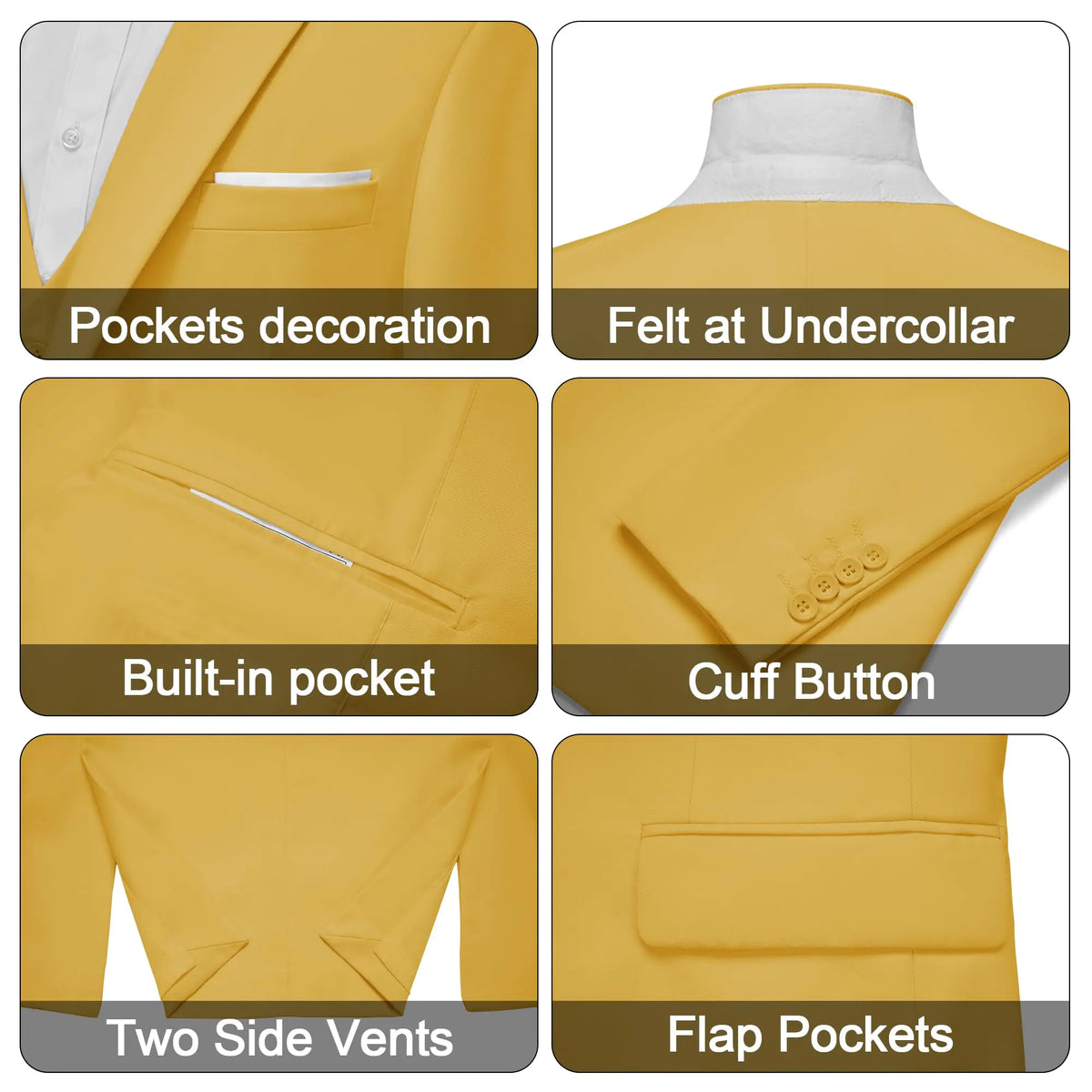 MAGE MALE Men's 3 Pieces Suit Elegant Solid One Button Slim Fit Single Breasted Party Blazer Vest Pants Set Medium Yellow Rieworkes