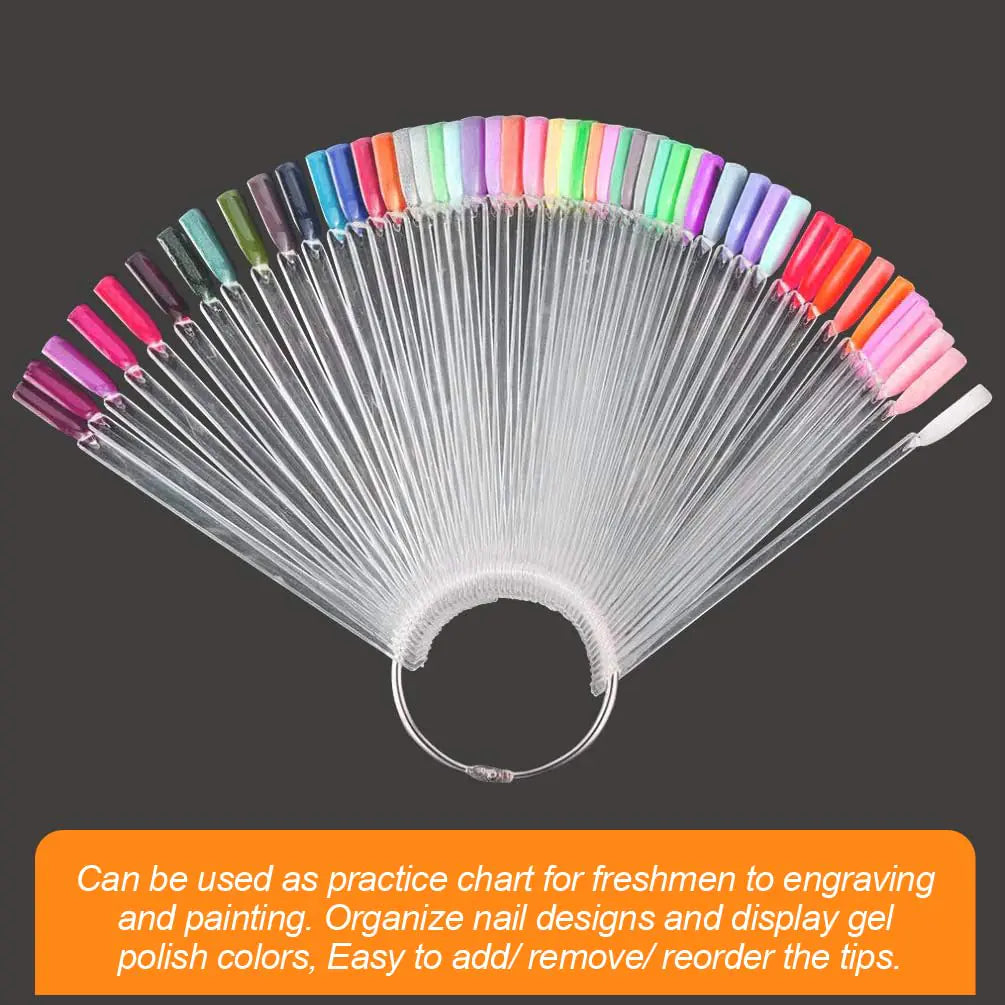 JASSINS 150 Pcs Nail Swatch Sticks with Ring and Number posted, Clear Fan-shaped Nail Art Polish Practice Display Tips Nail Sample Sticks, Nail Practice Color Display Polish Board C. Transparent (150 PCS) Rieworkes