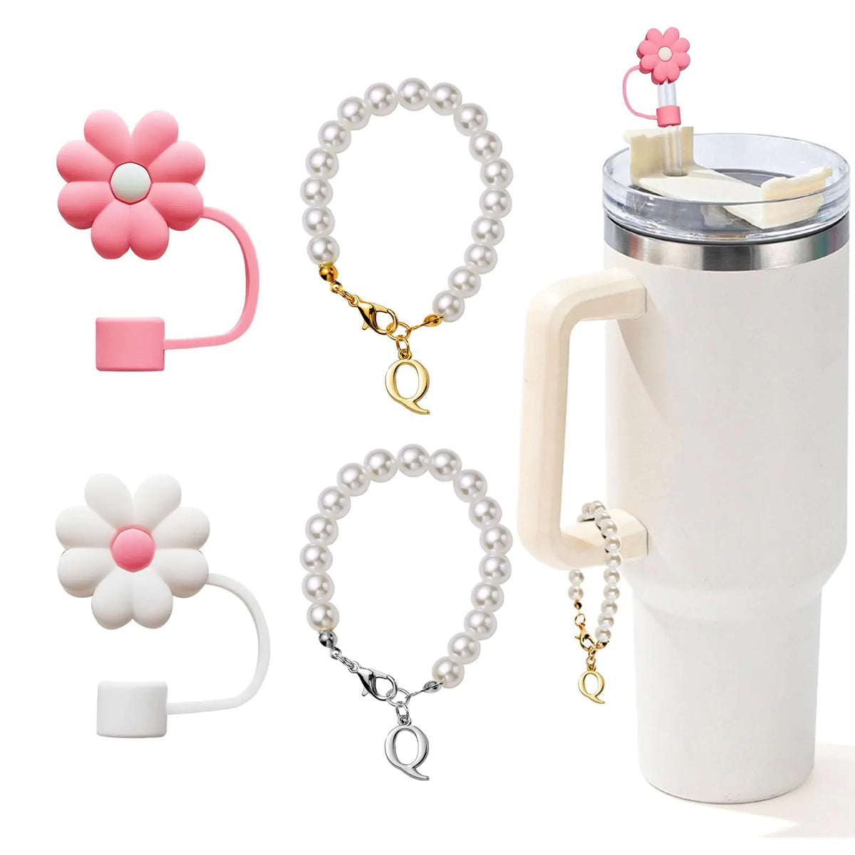 LUHOHI 4pcs Charms for Stanley Cup，Pearl Chain Accessories Stanley Cup Initial Letter Charms for Handle with 2pcs straw covers Stuff Decor Water Bottle Jewelry Tumbler Personalized Decorations ID Q Rieworkes