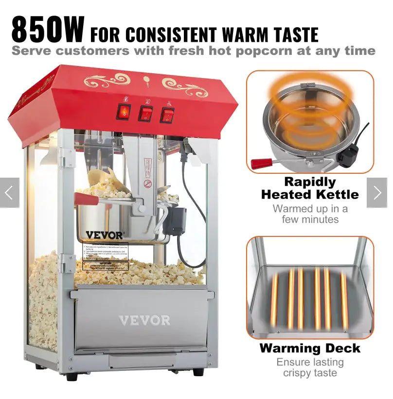 Popcorn Popper Machine 8 Oz Countertop Popcorn Maker 850W 48 Cups Red Mimarta