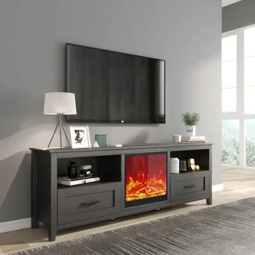 70.08 Inch Length Black TV Stand For Living Room And Bedroom, With 2 Drawers And 4 High-Capacity Storage Compartment,Suitable For Fireplace Rieworkes