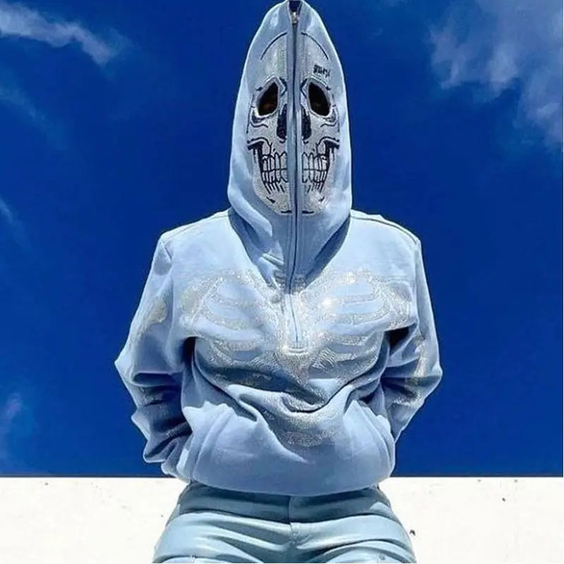Skeleton Rhinestone Hoodie Full Zip Up Women Cyber Y2K Hooded Sweatshirts Rieworkes