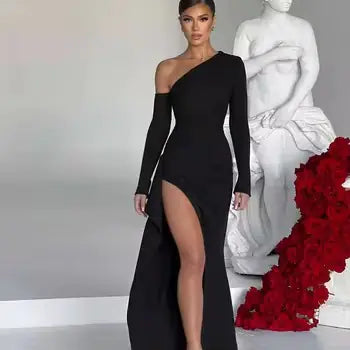 Slant Off-Shoulder High-Slit Evening Dress Rieworkes