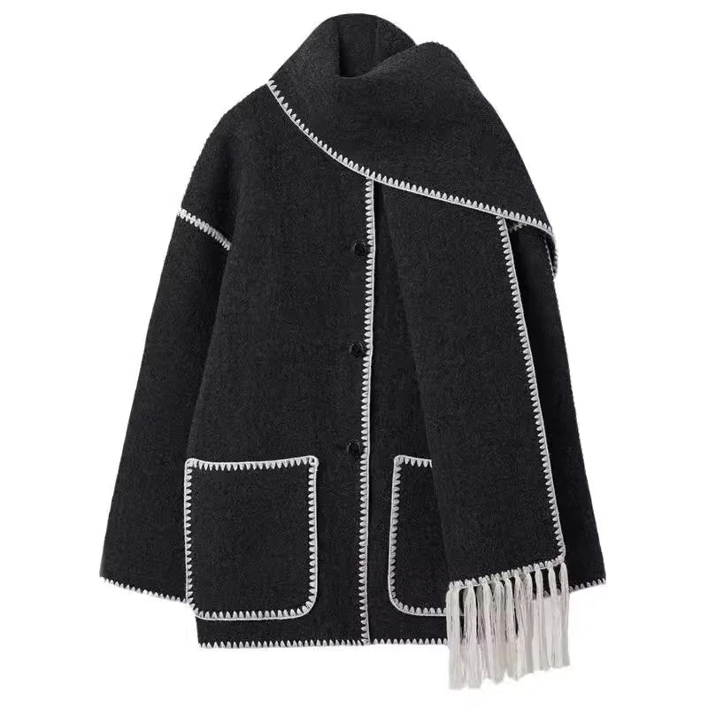 Women's Thick Woolen Coat with Scarf Rieworkes
