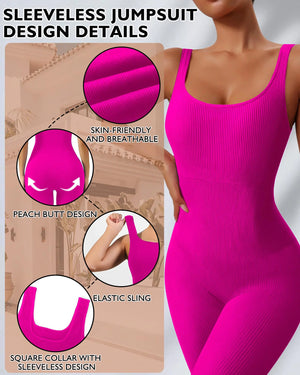 AURUZA Jumpsuit for Women Workout Seamless Jumpsuits Yoga Ribbed One Piece Tank Tops Rompers Sleeveless Exercise Jumpsuits Pink Small Rieworkes