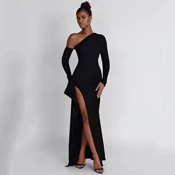 Slant Off-Shoulder High-Slit Evening Dress Rieworkes