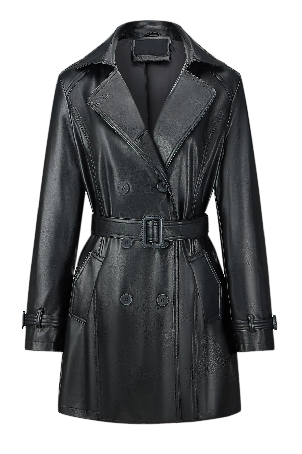 Bellivera Women Faux Leather Coat Double-breasted Jacket Classic Trench Overcoat KP81 Black L Rieworkes