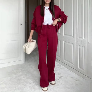 BASIC Solid Color Zip Sweater and Trousers Suit for Women Rieworkes
