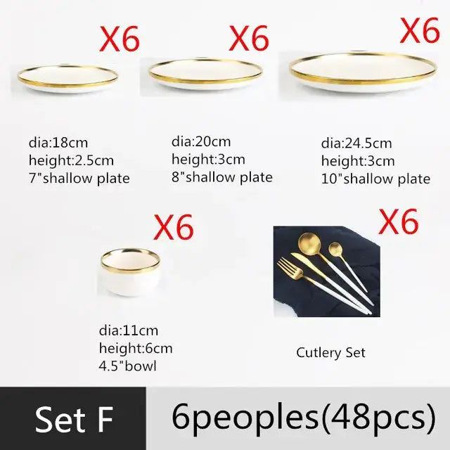 High-quality Matte Gilt Rim White Porcelain Dinner Tray Kitchen Plates Ceramic Tableware Food Dishes Rice Salad Noodles Bowl Rieworkes