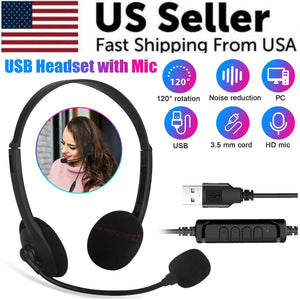 USB Headset Headphone With Microphone Noise Cancelling For PC Computer Call Chat Rieworkes
