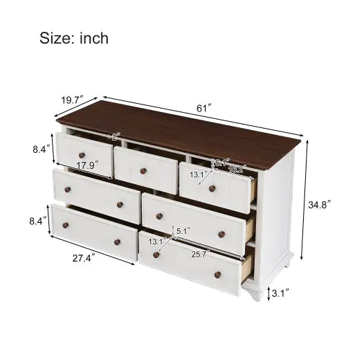 Wooden Captain Seven-Drawer Dresser For Bedroom, Living Room, Kids' Room, White Walnut Rieworkes
