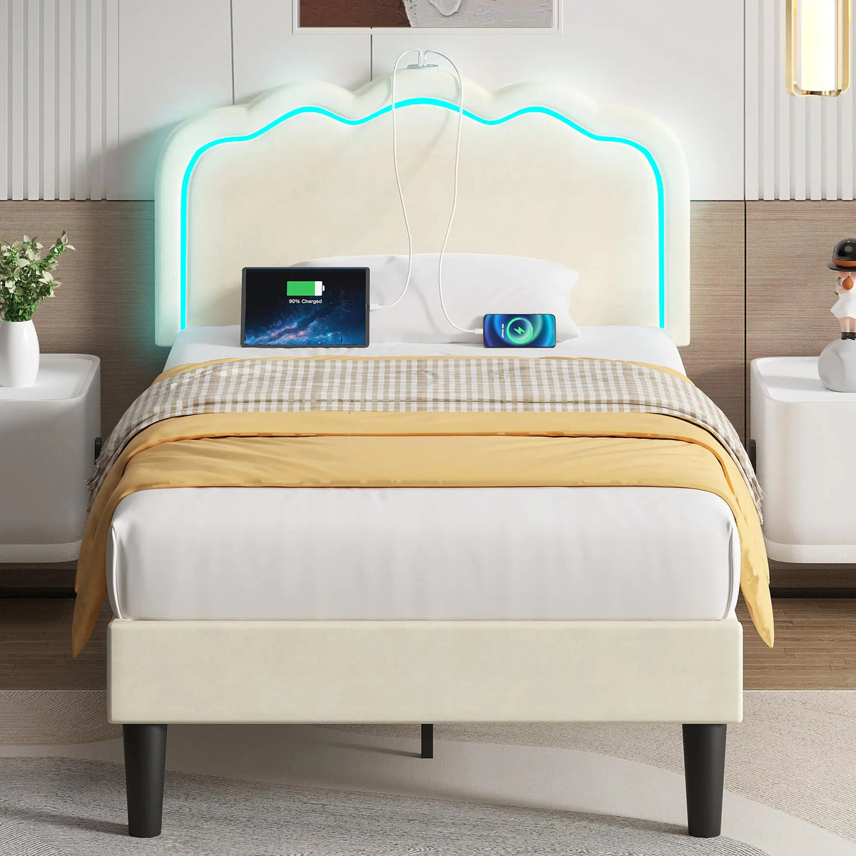 VECELO Upholstered Twin Bed Frame with Headboard Adjustable LED Lights USB-A & Type-C Velvet Platform Bed Noise Free Mattress Foundation with Wooden Slats No Box Spring Needed Beige Rieworkes