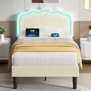 VECELO Upholstered Twin Bed Frame with Headboard Adjustable LED Lights USB-A & Type-C Velvet Platform Bed Noise Free Mattress Foundation with Wooden Slats No Box Spring Needed Beige Rieworkes