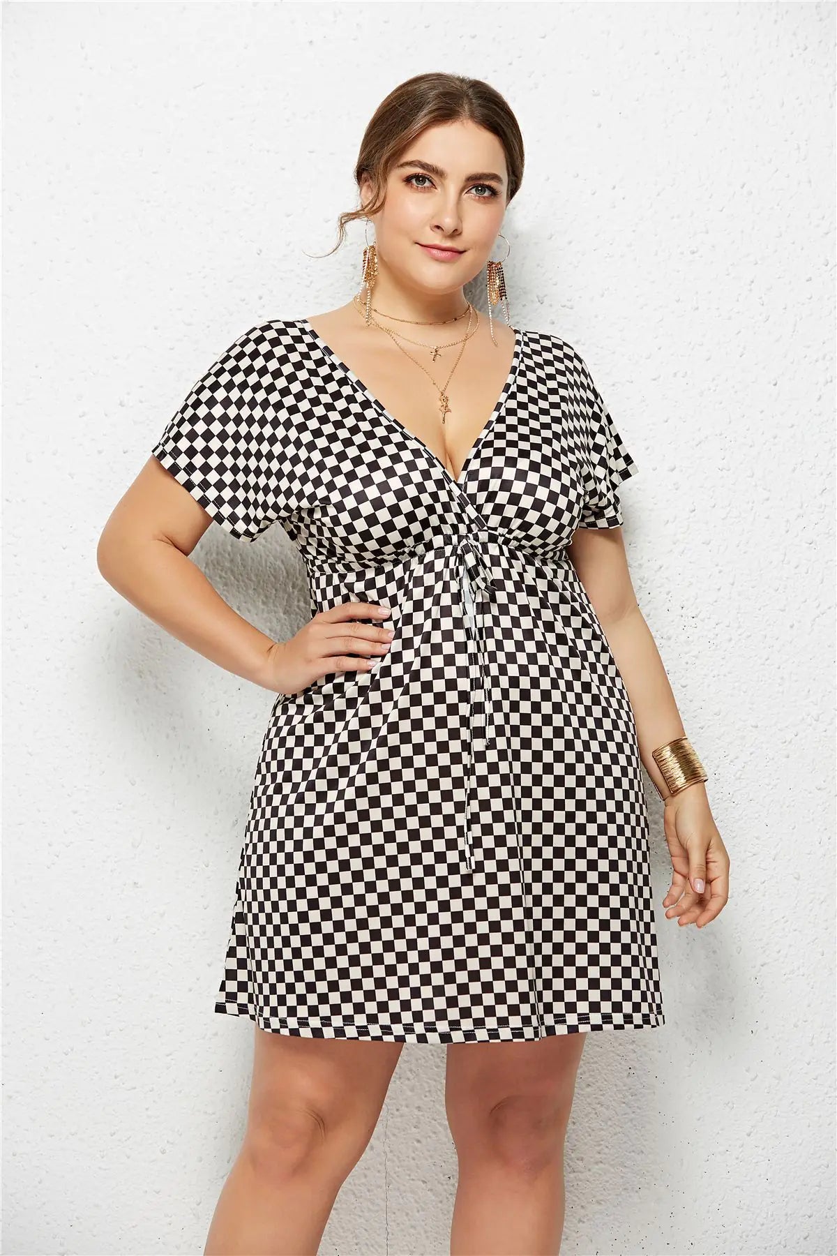 Printed Deep V-Neck Dress with Elastic Waist Mimarta