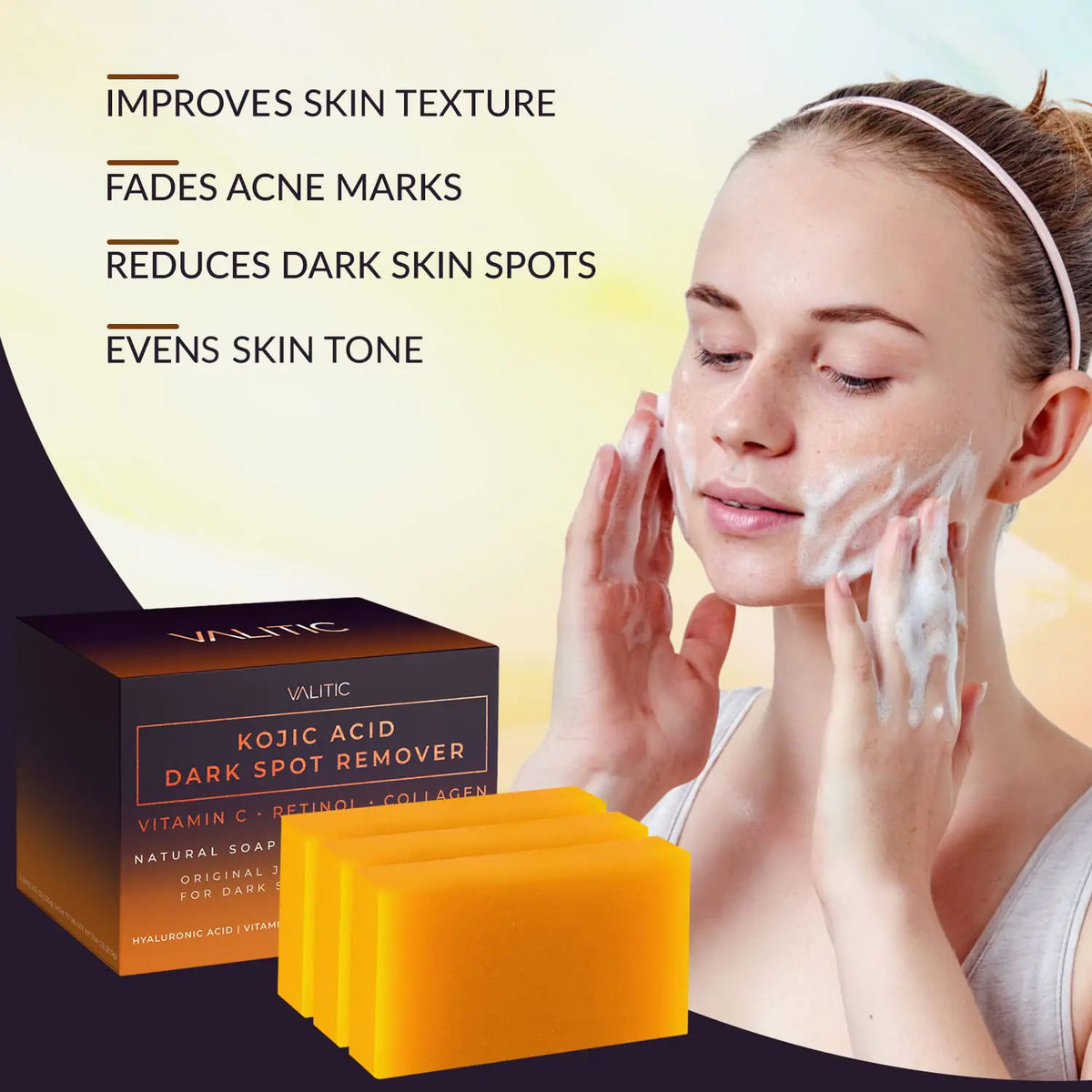 Valitic Unisex Dark Spot Corrector Bar, 100g - Exfoliating, SLS and Paraben-Free Turmeric Soap for Skin Tone Correction, Vitamin C, Retinol and Collagen Blend 3 Pack + Bag Rieworkes