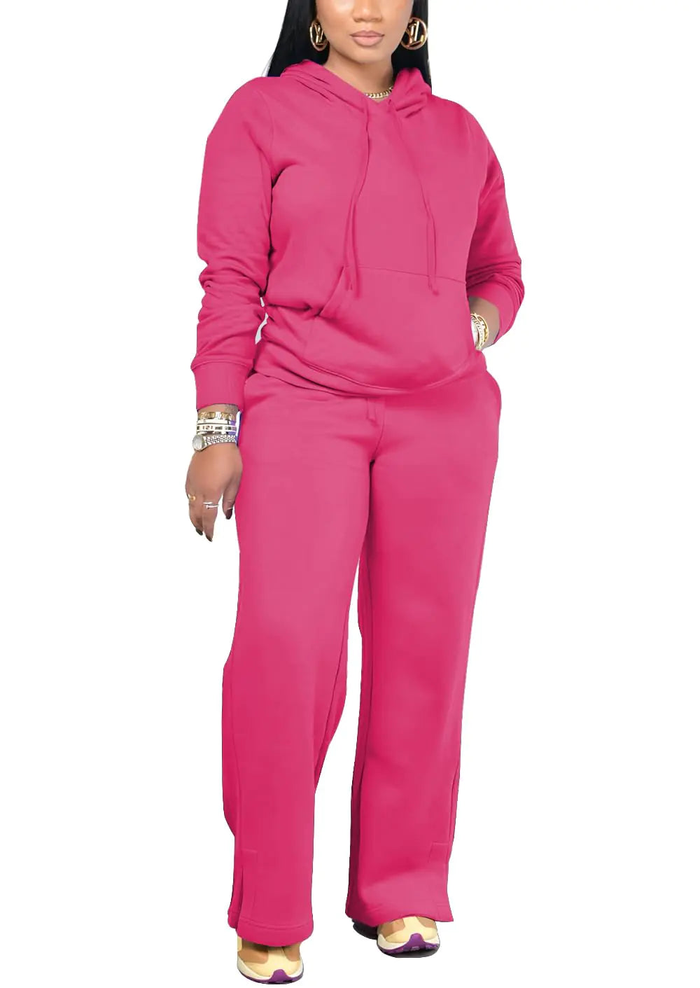 YeGine Womens 2 Piece Outfits Sweatsuits Long Sleeve Lounge Sets Drawstring Hoodies Wide Leg Sweatpants Tracksuit Pink 2XL Mimarta