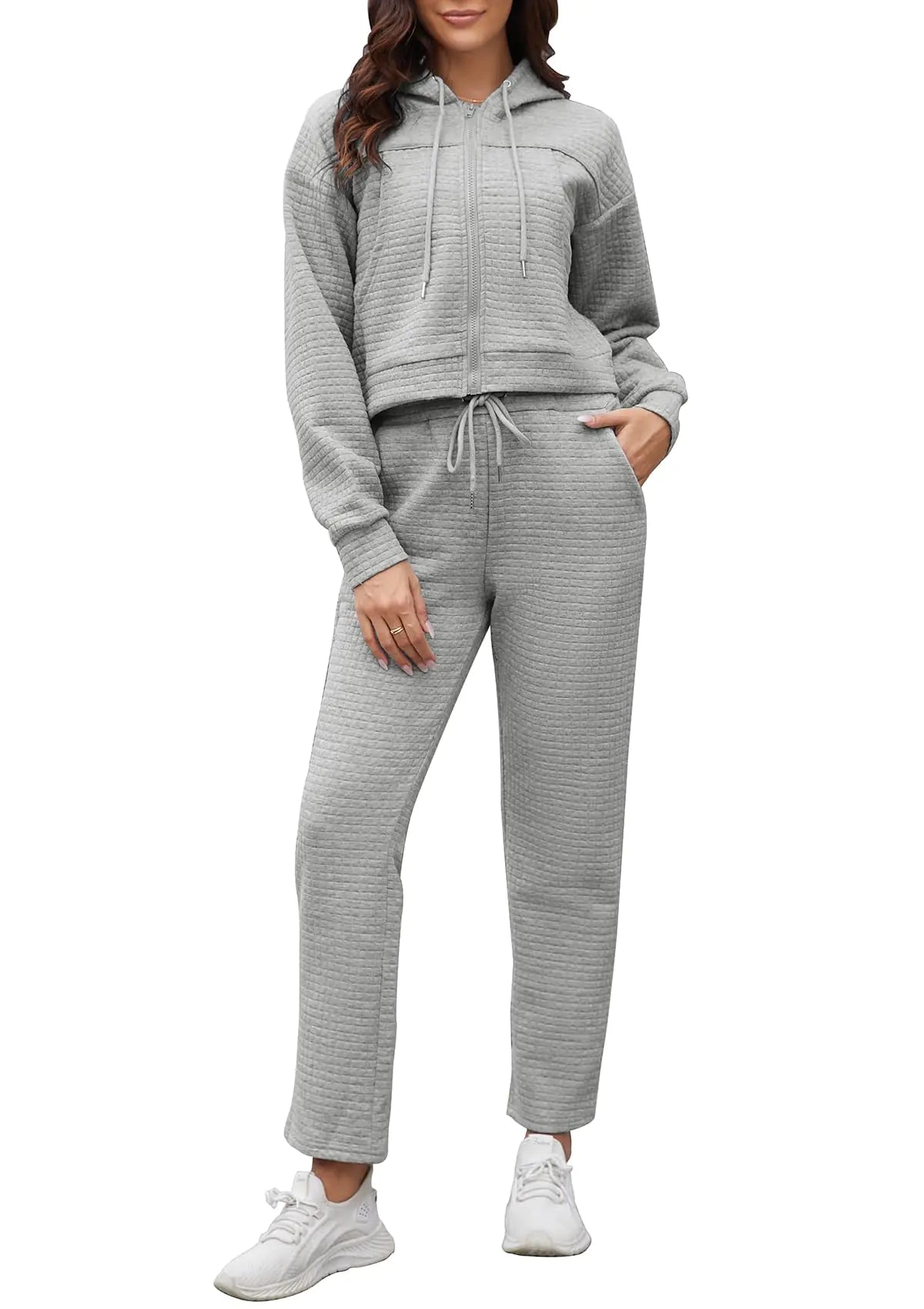 Taurus Womens Sweatsuits 2 Piece Set Zip Up Cropped Hoodie Sweatshirt Drawstring Sweatpants Track Suits Two Piece Outfits with Pockets Grey XL Mimarta