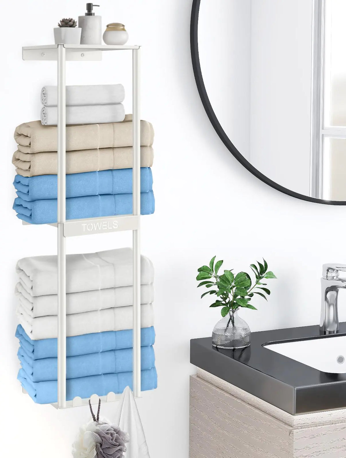 Bathroom Towel Storage Rack Wall Towel Rack for Rolled Towels 3 Tier Towel Holder Shelf with 4 Hooks for Small Bathroom White Mimarta