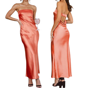 Womens Sexy Satin Tube Maxi Dress Elegant Silk Strapless Open Back Party Cocktail Wedding Guest Formal Long Dresses Orange Mimarta