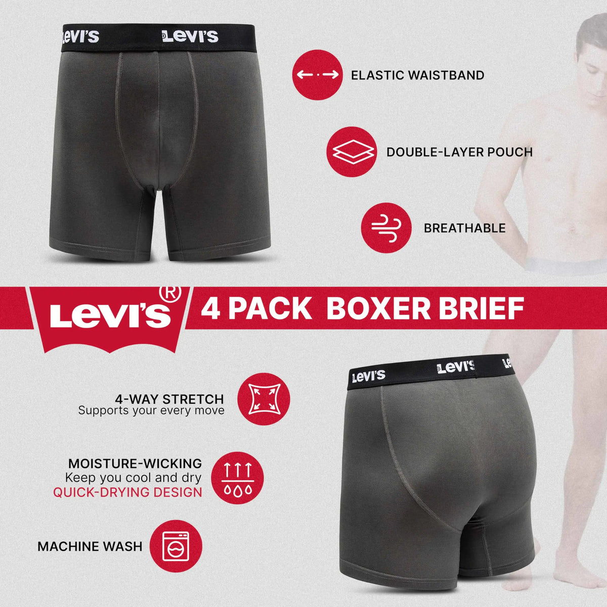 Levi's Mens Underwear Microfiber Boxer Brief for Men Ultra Soft 4 Pack Small Black, Orange, Charcoal. Orange Print Rieworkes