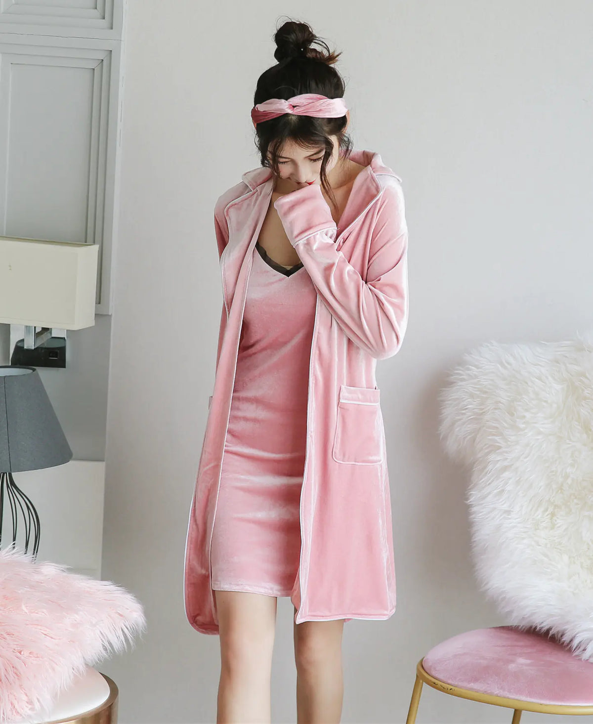 Luxury Velvet Three-Piece Pajama Set with Robe Mimarta