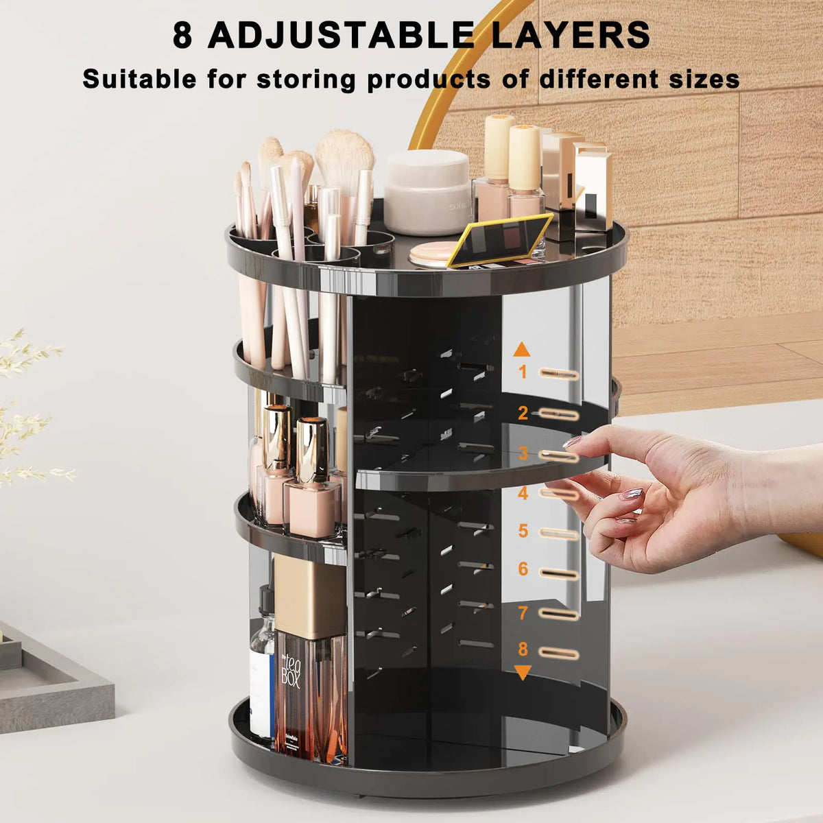 Rotating Makeup Organizer for Vanity, 360 Spinning Skincare Organizers with Adjustable Trays, Make Up Desk Storage Carousel Rack, Cosmetic Display Cases for Dresser Bathroom Countertop Black Rieworkes