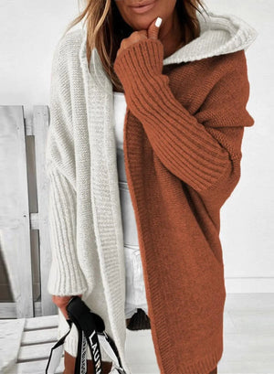 Astylish Women 2024 Open Front Long Sleeve Hooded Knit Cardigan Sweaters Color Block Outwear Coat Medium Brown Rieworkes