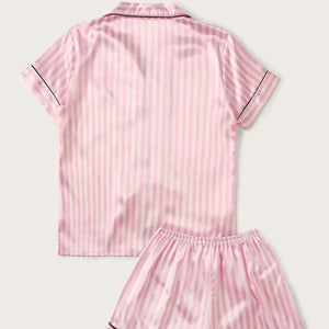 Two Piece Set Pajamas for Women Striped Satin Silk Sleepwear Rieworkes