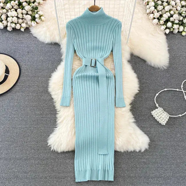 Turtleneck Sexy Wrap Hips Knitted Dresses Rieworkes