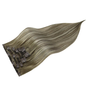 Full Shine Clip in Human Hair Extensions 20 Inch Seamless Clip in Hair Extensions Straight Remy Hair Cool Taupe Ombre Highlight Blonde Damage Free Hair Extensions Clip ins 20 Inch(Pack of 1) #7/800/7 Cool Taupe Mix Blonde Rieworkes