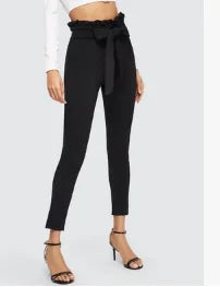 Elegant Frill Trim Bow Belted Detail Solid High Waist Pants Rieworkes