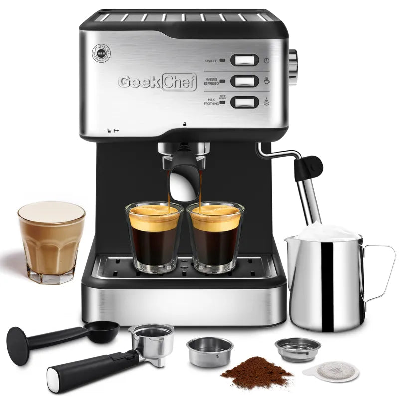 Geek Chef Espresso Machine, Espresso&Cappuccino Latte Maker 20 Bar Coffee Machine Compatible With ESE POD Capsules Filter&Milk Frother Steam Wand, 950W, 1.5L Water Tank,Ban Rieworkes