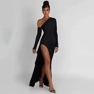 Slant Off-Shoulder High-Slit Evening Dress Rieworkes