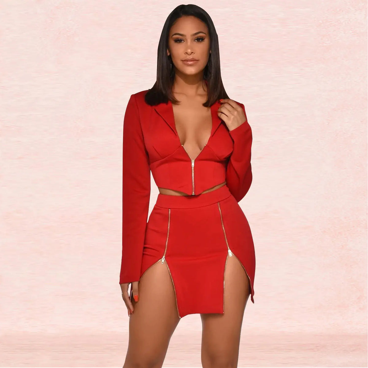 Women's Sexy V-Neck Blazer and Skirt Two-Piece Set Mimarta