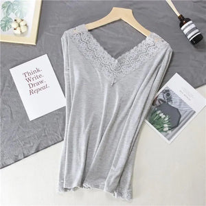 Women Lace V-neck Long-sleeved Thermal  Slim Warm Top Rieworkes