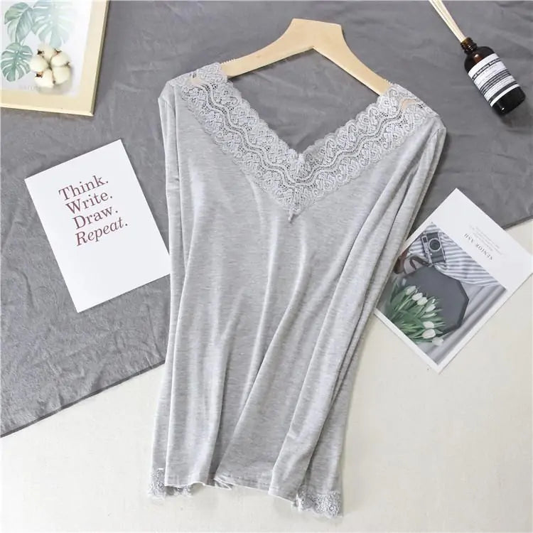 Women Lace V-neck Long-sleeved Thermal  Slim Warm Top Rieworkes