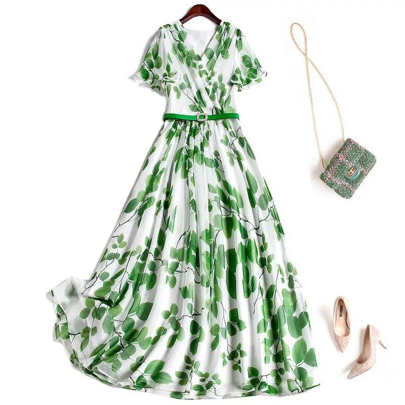 Women Summer Leaf Print Midi Dress Rieworkes