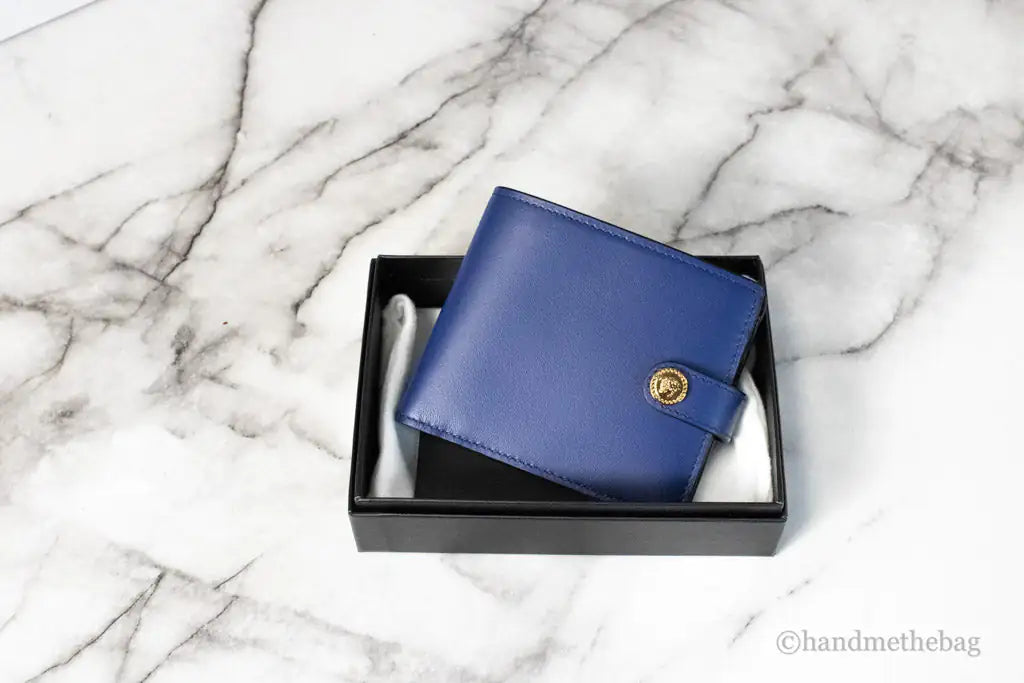 Versace Navy Blue Compact Leather Medusa Snap Bifold Wallet Mimarta