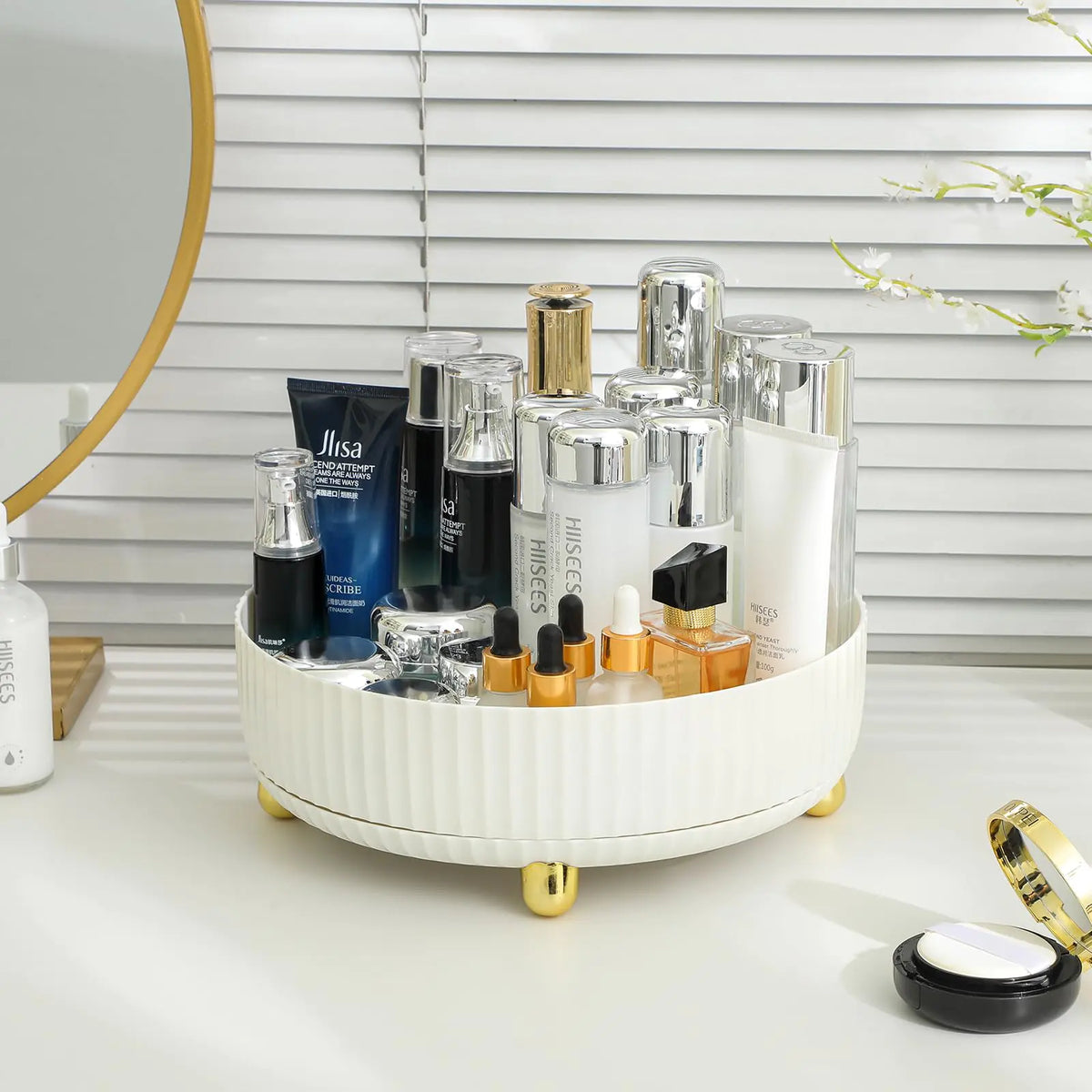 Anyoifax Makeup Perfume Organizer Tray 360 Degree Rotating Lazy Susan Skincare Lotion Organizer Spinning Cosmetics Storage for Dresser, Vanity, Bathroom Countertop, Large Ivory White 11 " Rieworkes